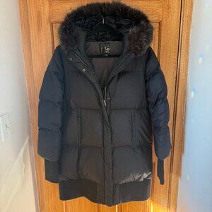 Theory for Coop Barney’s New York, Puffer Coat w Fox Trimmed Hood, Black, L